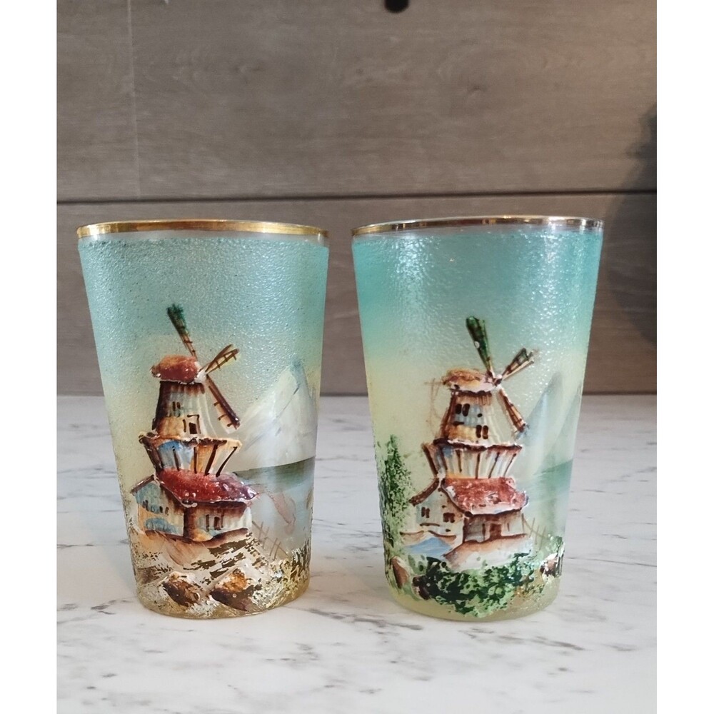 Vintage Juice Glasses Hand Painted  Windmill In Seasons Gold Trim Textured Dutch